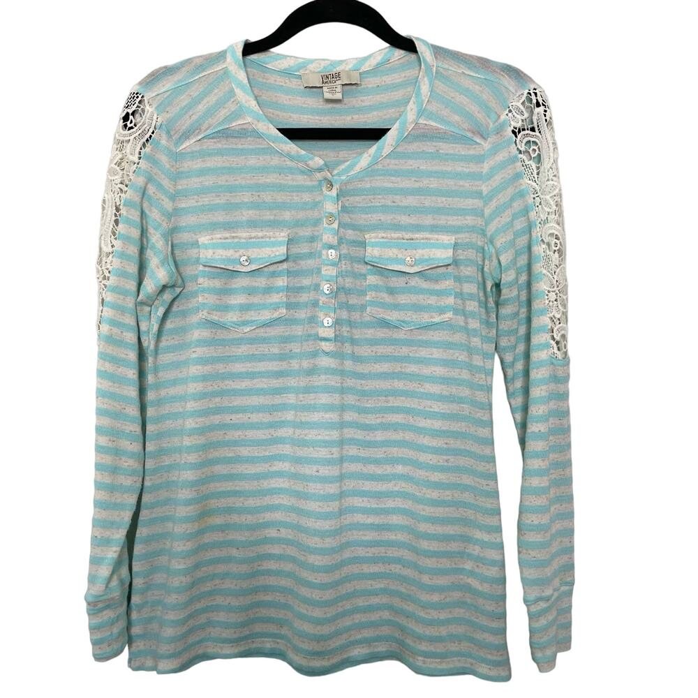 Vintage‎ America Blues Shirt Striped Floral Embroidered Sleeve Button Blue S